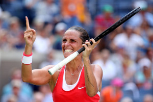NEW YORK, NY - SEPTEMBER 08:  Roberta Vinci of Italy celebrates after defeating Kristina Mladenovic of France in their Women's Singles Quarterfinals Round match on Day Nine of the 2015 US Open at the USTA Billie Jean King National Tennis Center on September 8, 2015 in the Flushing neighborhood of the Queens borough of New York City.  (Photo by Matthew Stockman/Getty Images)